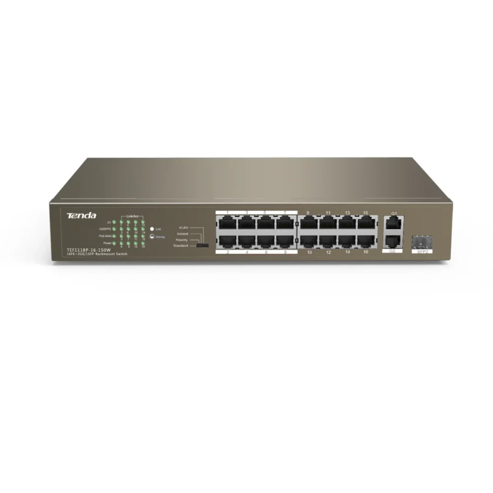 SWITCH TENDA TEF1118P-16-150W 16 PORTAS 10/100/1000 POE NAO GERENCIADO BOX I